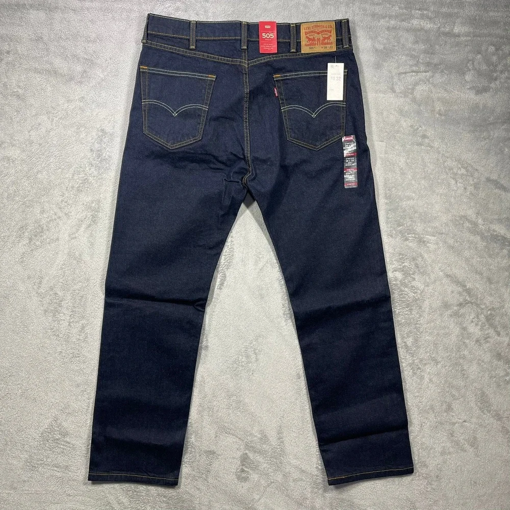 Levi's 505 Regular Fit Jeans Mens 38x32 Dark Indigo Stretch Straight Leg